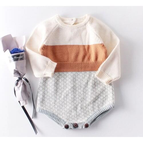 Baby Rompers Retro Stitching Knitted Jumpsuit Autumn Winter Infant Kid Baby Girl Boy Knitted Clothes Romper Jumpsuit Outfits