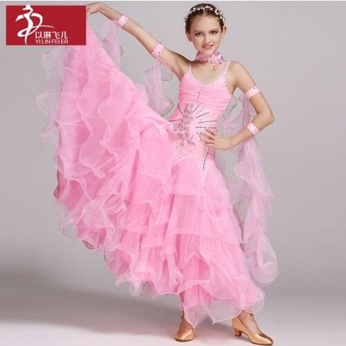 Children Modern Dance Competition Dress Girl Waltz Dance Dress Lace National Standard Ballroom Dance Skirt Kids Flamenco Skirt