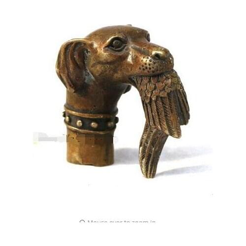 Bronze Pure Copper Old Qing Ming Chinese Old Bronze Hand Carved Dog Bitten Birds Statue Cane Walking Stick Head