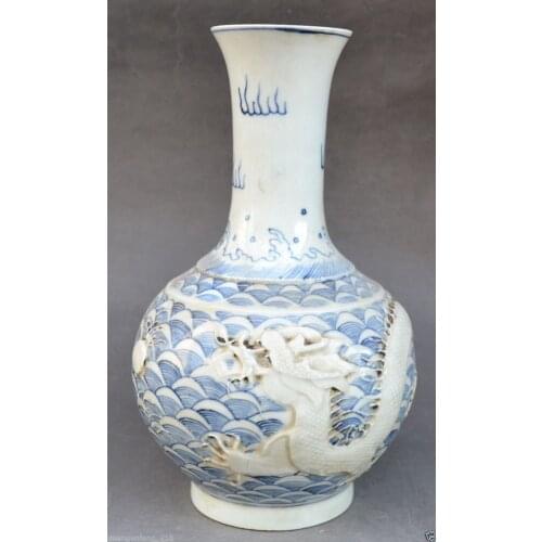 9 inches / Exquisite Chinese Classical Blue and White Porcelain Basso-relievo Dragon Noble Vase
