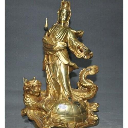 China Buddhism temple bronze Gilt station Dragon Kwan-yin Guanyin Buddha statue
