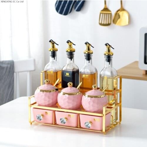Spice Box Household Glass Oil Can Storage Bottle Salt Monosodium Glutamate Cute Seasoning Jar Golden Iron Rack Kitchen Supplies