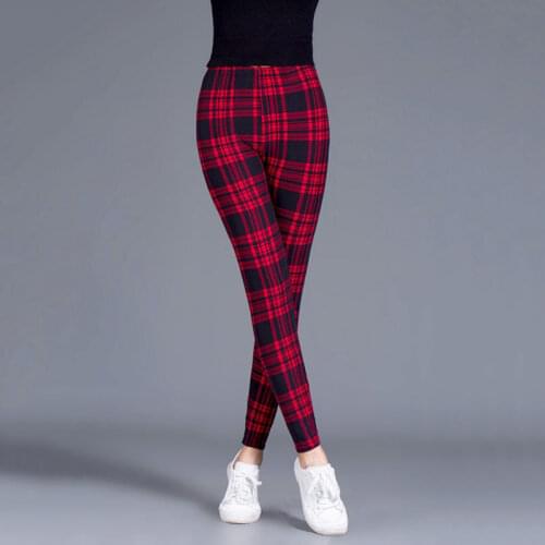 Female Fitness Leggings Women Print Plaid Leggings Lady Sexy Slim Pencil Pants Push Up Elastic Waist Plus Size Trousers