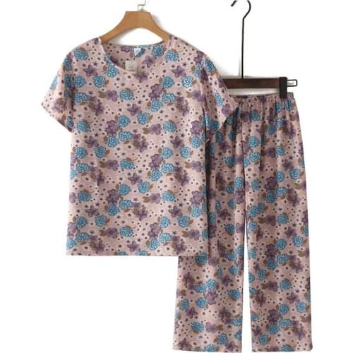 Womens Summer Suit Middle-Aged Elderly Mothers Short Sleeve Print Top + Pants 2 Pcs Sets Summer Clothes Elegant Home Service