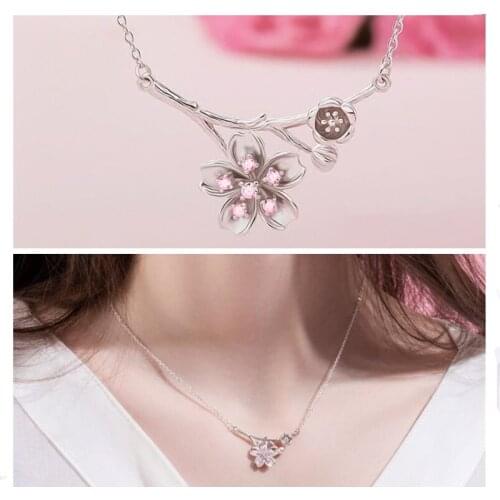 Cute Pink Cherry Flower Clavicle Necklace Girls Choker Accessories Lady Silver Plated Chain On Neck Women Pendant Flower Jewelry