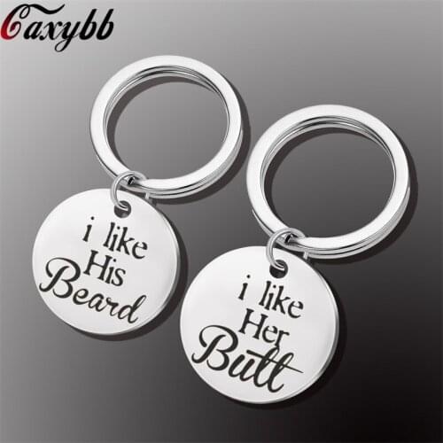 I Like His Beard, I Like Her Butt Keychain Stainless Steel Couple Keyring Best Gift for Boyfriend Girlfriend Key Chain