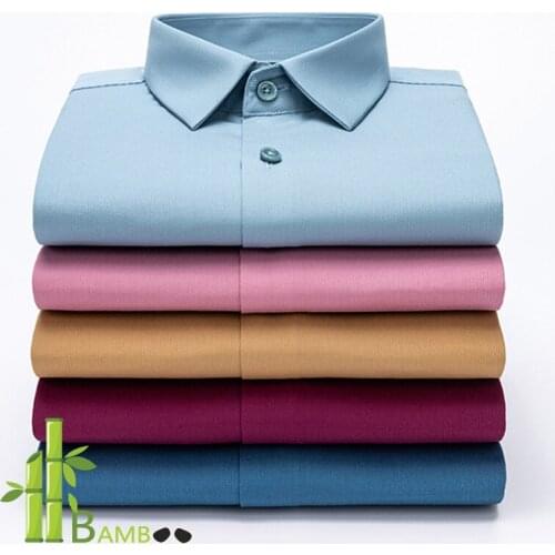 Long Sleeve Men Dress Shirt For Office Mens Bamboo Fiber Wrinkle Resistant Business Solid Color White Black Blue Camisa Hombre
