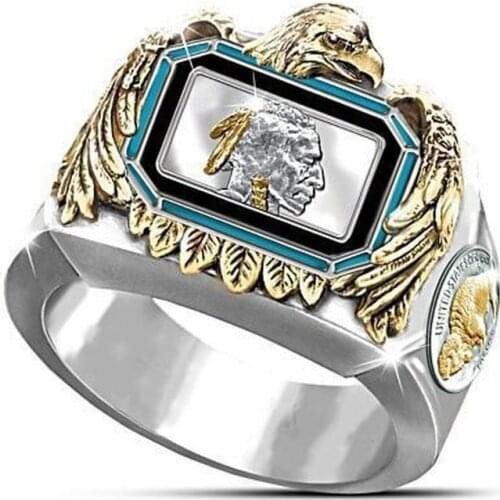 Indian Chief Portrait Two-Color Gold-Plated Ring Viking Eagle Totem Pirate Mens Ring