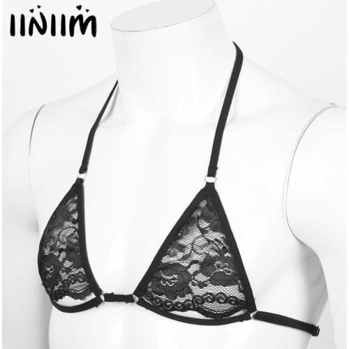 Mens Sissy Sheer Lace Lingerie Exotic Tanks Open Nipples See-through Spaghetti Straps Wire-free Unlined Mini Bra Tops 2020 New