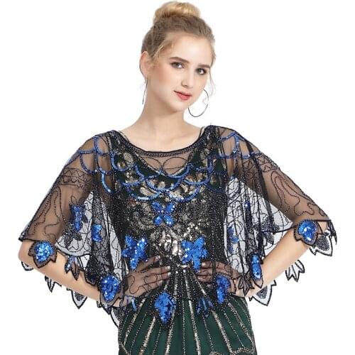 1920s Dress Accessories Vintage Clothing Women Fashion Sequins Party Dinner Scarf Shawls Mesh Beaded Cloak Elegant Capelet #P001