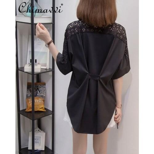 Summer New Lace Stitching Hollow Blouses for Women Short Sleeve Black Shirt Female Plus Size Loose Wild Shirt Top