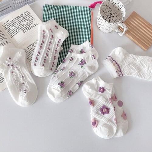New Lace Flower White Summer Socks for Women Girls Cute Floral Soft Cotton Lolita Girls Boat Socks
