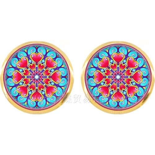 New Fashion Mandala Pattern Stud Earrings For Women Buddhism Zen Yoga Glass Dome Earrings Accessories Jewelry Gift