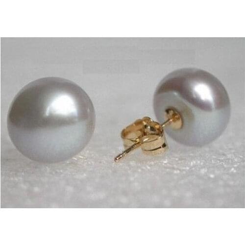 HUGE AAA 11-12mm NATURAL SOUTH SEA GRAY STUD PEARL EARRING 14k/20 GOLD