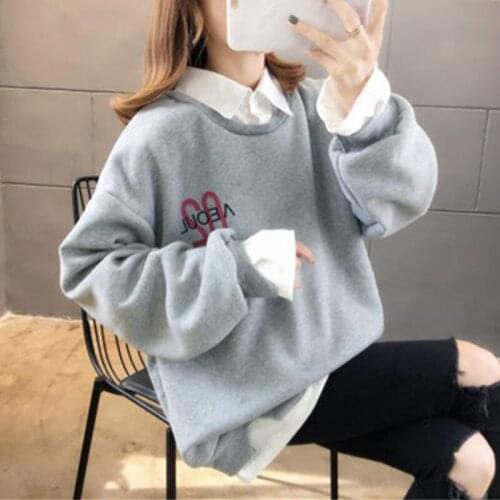 Fake Two-Piece Pullover Sweatshirt Women Plus Velvet Thickening 2021New Spring Autumn Fashion Contrast Stitching Hole Sweatshirt