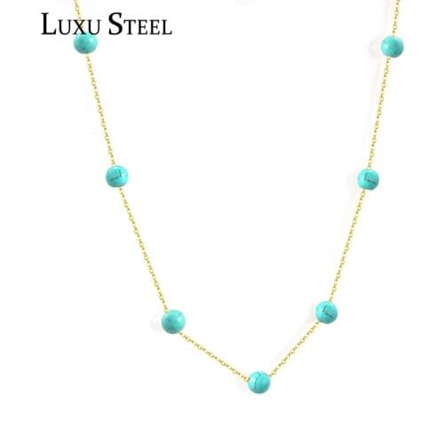 LUXUSTEEL collar Mujer Green Stone Pendant Necklaces 45cm+5cm Stainless Steel Long Chains Necklace Party Collier Wedding