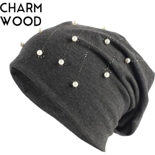 Handmade Pearls Rhinestone Design Women Beanie Hat Fashion Slouchy Beanie Hat For Women Solid Color Soft Hat