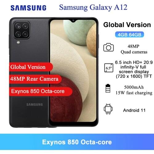 Global Version Samsung Galaxy A12 Smartphone 4GB 64GB 6.5 Inch MediaTek Helio P35 Octa Core 48MP Rear Camera 5000mAh Cellphone