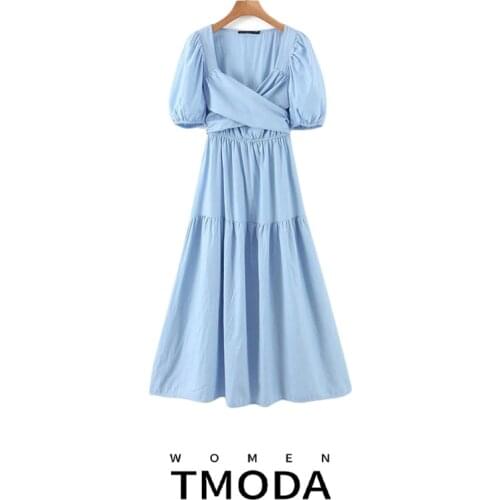TMODA047 Za New Arrival 2021 Fashion Women Blue Pleated Cross Summer Dress Short Sleeve Ladies Midi Dress Vestidos