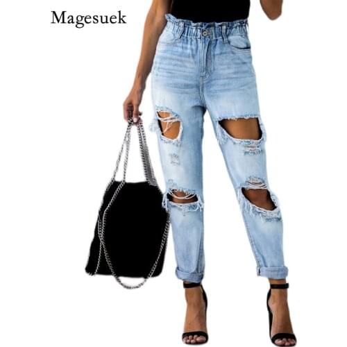 Vintage Washed Pants Elastic Waist Denim Jeans for Women Pencil Pants Ripped Jeans Boyfriend Solid Jeans 2021 Autumn New 16282