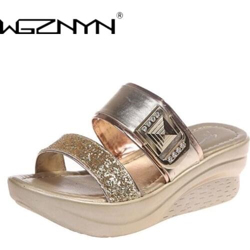 WGZNYN Women Summer outdoor Slippers Ladies Glitter PU Wedges Shoes Female Casual Slingbacks Sandals Comfortable Platform Woman