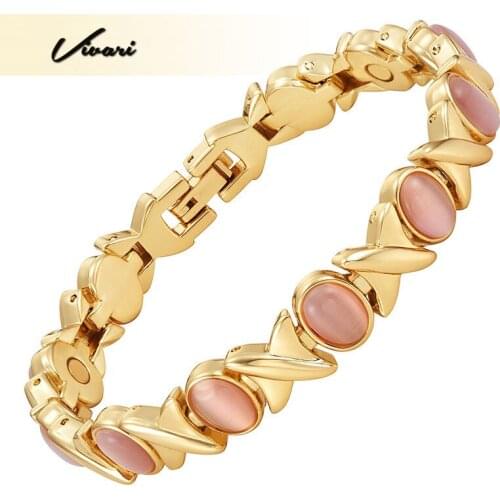 Vivari Wedding Womens Jewelry Bracelet for Women Pretty Pink Cat Eye Stone Gold Color Magnetic Bracelet Healing Wristband
