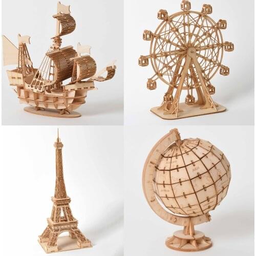 Skyscrapers 3D Wooden Puzzle Laser Cutting DIY Sailing Ship Train Airplane Toys Wooden Kids Toys Shapes for Kids Brain YHN