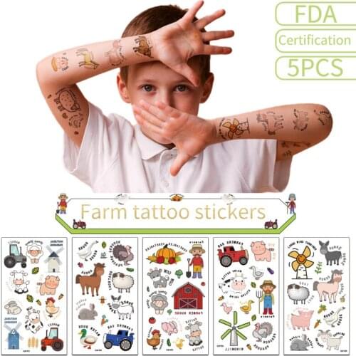 5PCS Children Cartoon Farm Tattoo Stickers Men and Women Personality Party Childrens Toys Fun Waterproof Sweat Stickers