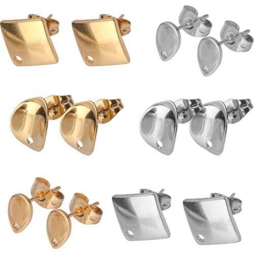 6pcs/Lot Stainless Steel Stud Earring Post With Earring Back Square Leaf Waterdrop Shaped DIY Earrings Jewelry Making Supplies
