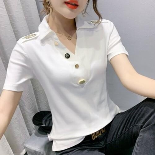 #6077 White Black T Shirt Women Turn-down Collar Buttons Slim Summer Tee Shirt Femme Short Sleeved T Shirt High Quality Fashion