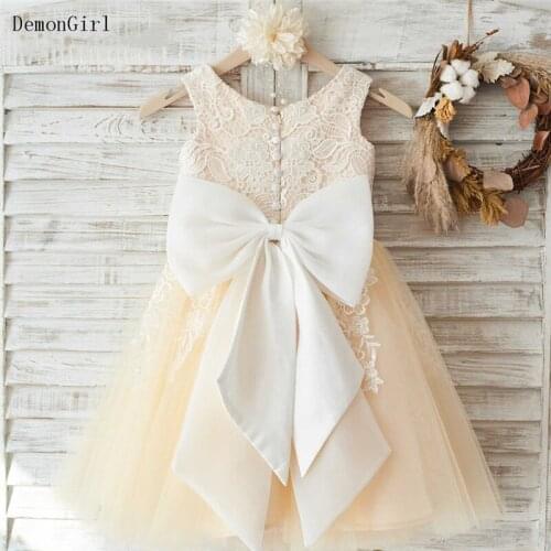 White Lace Flower Girl Dresses Sash Big Bow Pageant First Birthday Dresses Prom Ball Gown Princess Baby Girl Party Dresses
