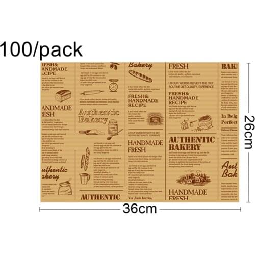 Free Shipping-Catering Supplies,Cheese French Fry Wax Take Out Bakery Antique Text Print Kraft Paper Food Wrap-36*26cm, 100/Pack