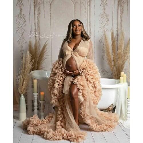 Champagne Kinono Gowns Prom Dresses Ruffles Maternity Robes Women Photoshoot Bathrobe Fluffy Party Sleepwear Custom Made
