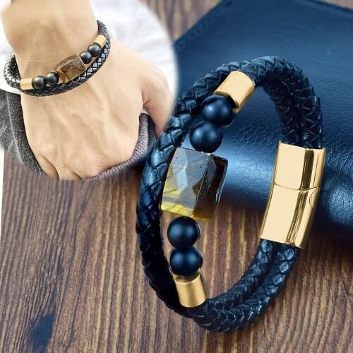 2021 Original Jewelry Fashion Men Natural Stone Genuine Leather Bracelet Stainless Steel Magnetic Clasp Tiger Eye Bead Bracelet