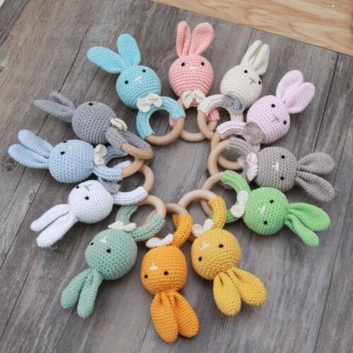 BPA Free Safe Crochet Baby Teether Cartoon Bunny Wooden Rattle Toys DIY Infant Newborn Teething Ring Baby Stroller Cot Baby Toy