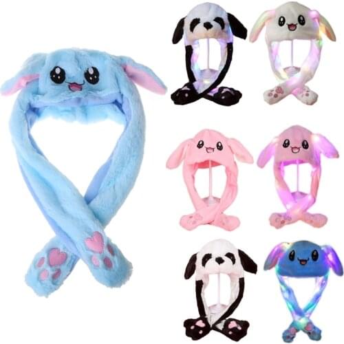 Adult Kids Light Up Plush Animal Hat with Moving Long Ears Cartoon Rabbit Bunny Panda LED Glowing Earflap Cap Stuffed Toys