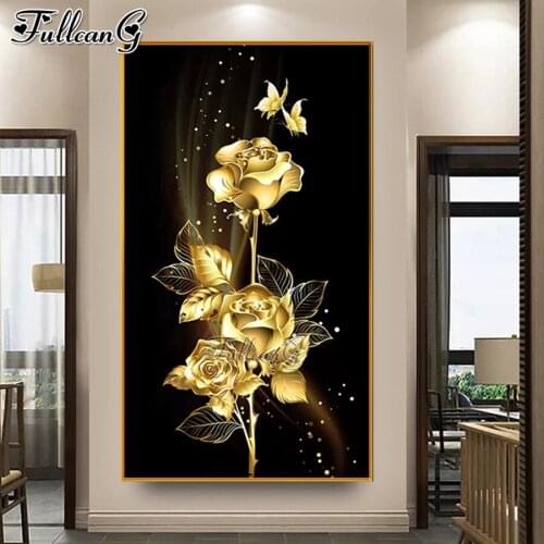 FULLCANG Golden rose mosaic 5d diy large diamond painting cross stitch full drill rhinestone embroidery color flowers FG0106