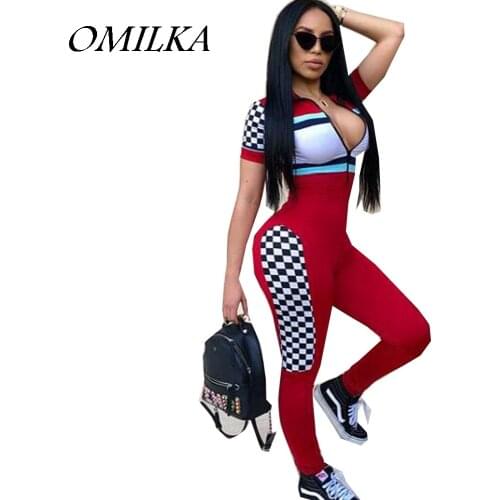 OMILKA 2018 Summer Women Short Sleeve Front Zipper Bodycon Rompers and Jumpsuits Sexy Red Green Patchwork Club Party Overalls
