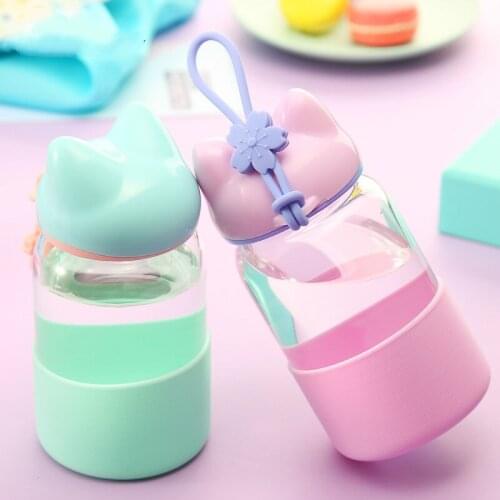 Cute Lover Fox Water Bottle with Lid Rope Sleeve Creative Kawaii Bike Sport Glass Bottle Girl Student Valentine