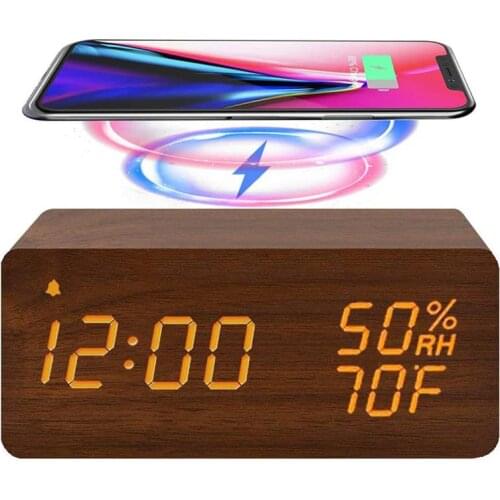 Multi-Function Wooden Digital Alarm Clock with Wireless Charging LED Display Sound Control Snooze Dual for Office Home Decor