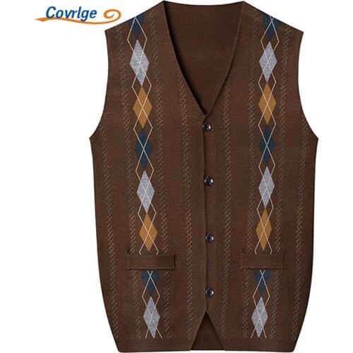 Covrlge Mens Single-breasted Gold Velvet Knitted Vest Autumn Winter Jacquard Cardigan Coat Thickened Anti-pilling Vest MWB034