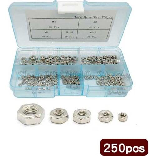 250Pcs/set M1.6 M2 M2.5 M3 M4 Nuts Nickel Plated Hex Nut Assortment Kit Hexagon Nuts Metric Thread Assortment Kit