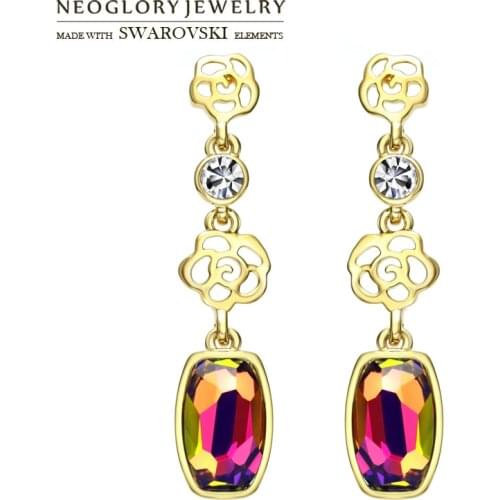 Neoglory Austria Crystal & Rhinestone Long Earrings Light Yellow Gold Color Colorful Flower Design For Women Brand Stylish Lady