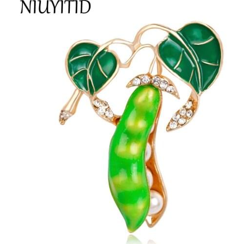NIUYITID Green Pea Brooches For Women Gold-color Crystal Simulated Pearls Corsages Men Kids Sweater Suit Accessories Pins