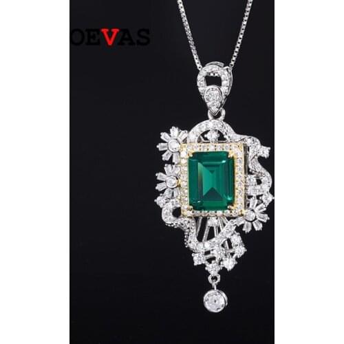 OEVAS 100% 925 Sterling Silver 10*12mm Synthetic Emerald Pendant Necklace For Women Sparkling Wedding Party Fine Jewelry Gift