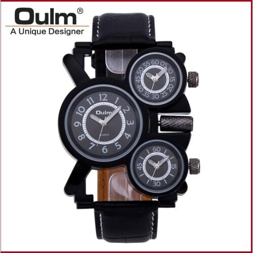 OULM 1167 Mens Vintage Steam Punk Leather Band Watches 3 Time Zone Japan MOVT Casual Quartz Watch