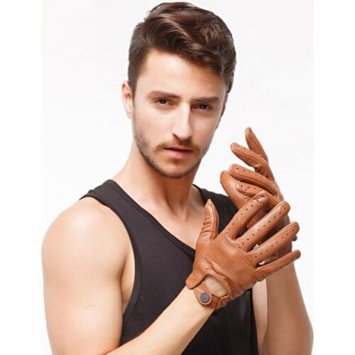 Fashion Mens Leather Gloves Real Deerskin Mittens Men Genuine Leather Button Breathable Wrist Male Driving Gloves Free Shipping