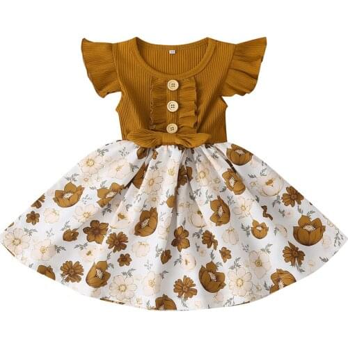 New Toddler Kids Baby Girls Dress Flying Sleeve Floral Print Round Neck Patchwork Dress Summer Clothes