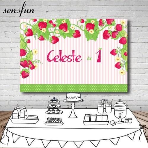Sensfun Little Girls 1st Birthday Party Backdrop Custom Strawberry Pink And White Stripe Polka Dots Backgrounds 7x5FT Vinyl