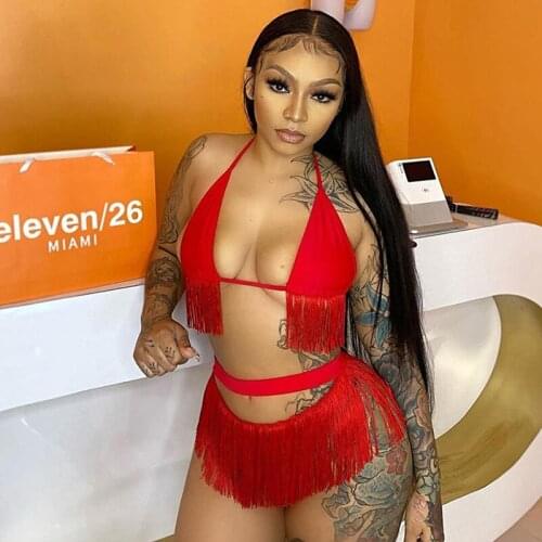 Sexy Women Bikini Two Piece Set Tassel Bra Top And Short Pants Bandage Solid Color Swimsuit Summer Beach Clothes For Women